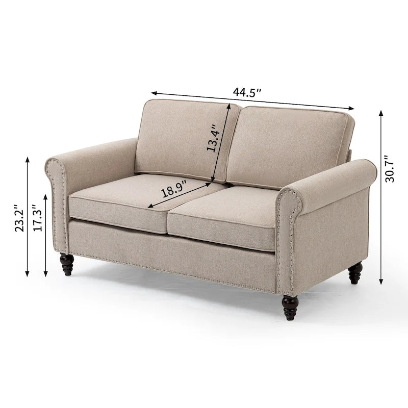 45" 2-Seater Linen Loveseat Sofa with Nailhead Trim and Rolled Arms, Light Beige