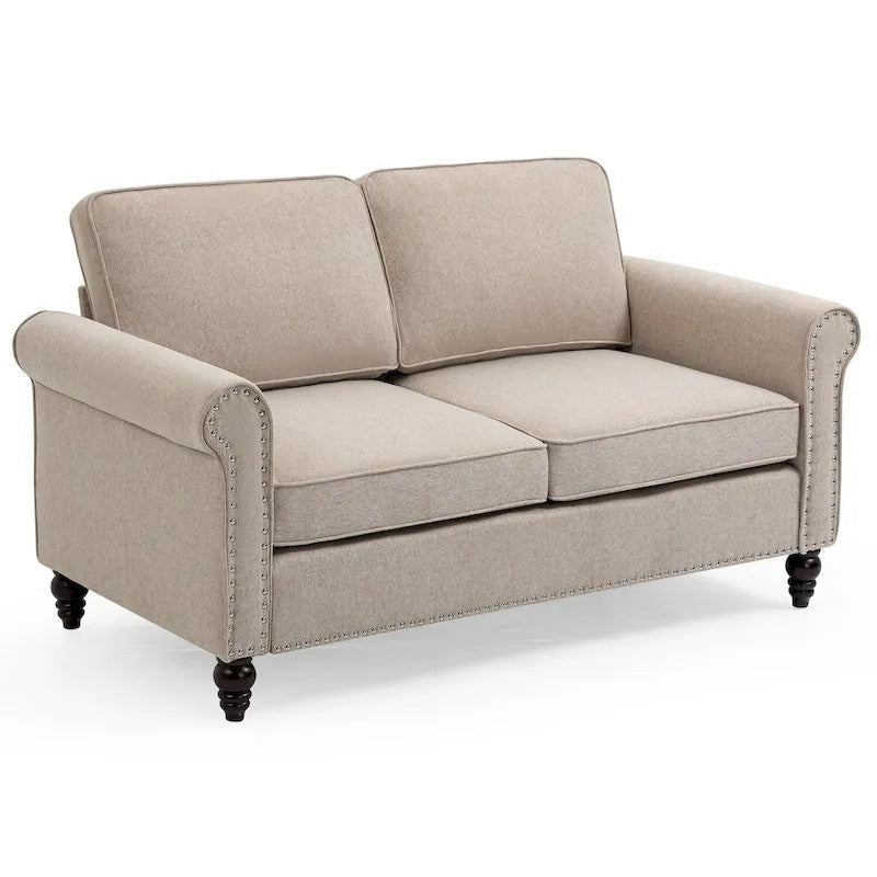45" 2-Seater Linen Loveseat Sofa with Nailhead Trim and Rolled Arms, Light Beige
