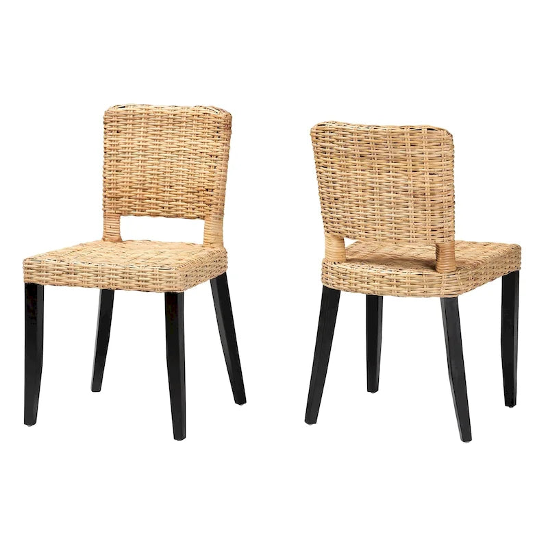 Bohemian Mango Wood and Natural Rattan Dining Chair, Set of 2, Dark Brown