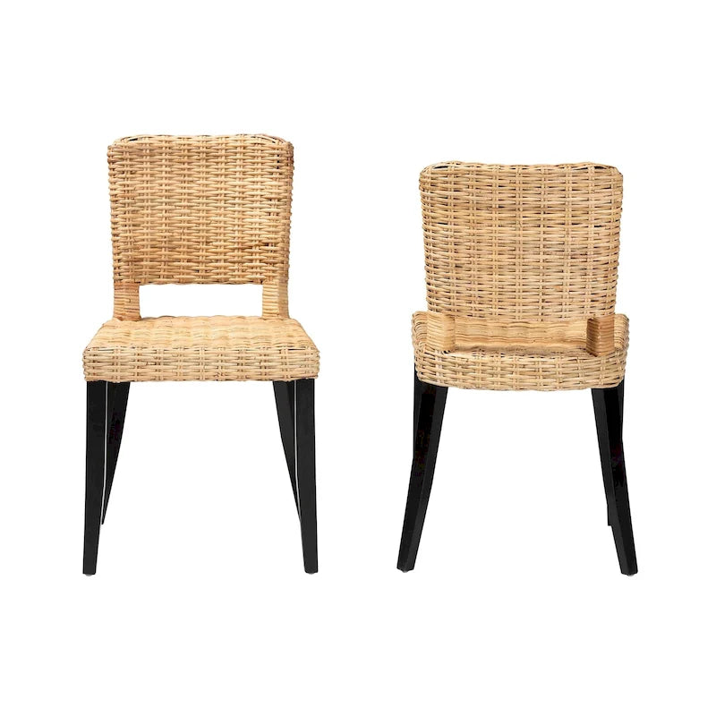 Bohemian Mango Wood and Natural Rattan Dining Chair, Set of 2, Dark Brown