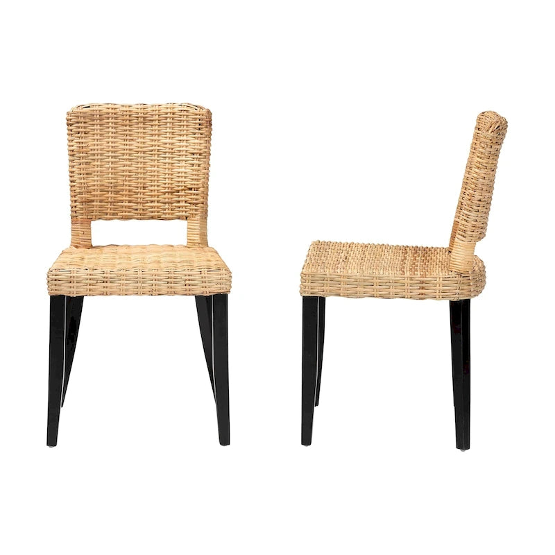 Bohemian Mango Wood and Natural Rattan Dining Chair, Set of 2, Dark Brown