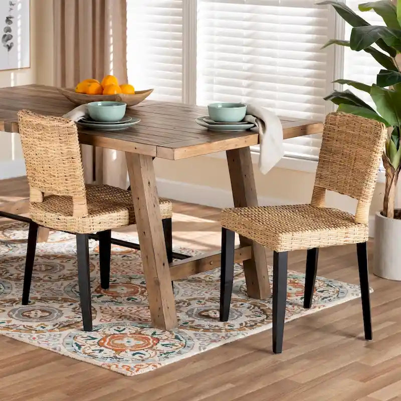 Bohemian Mango Wood and Natural Rattan Dining Chair, Set of 2, Dark Brown