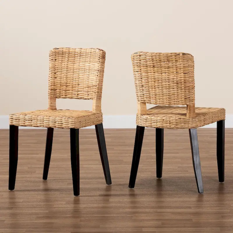Bohemian Mango Wood and Natural Rattan Dining Chair, Set of 2, Dark Brown