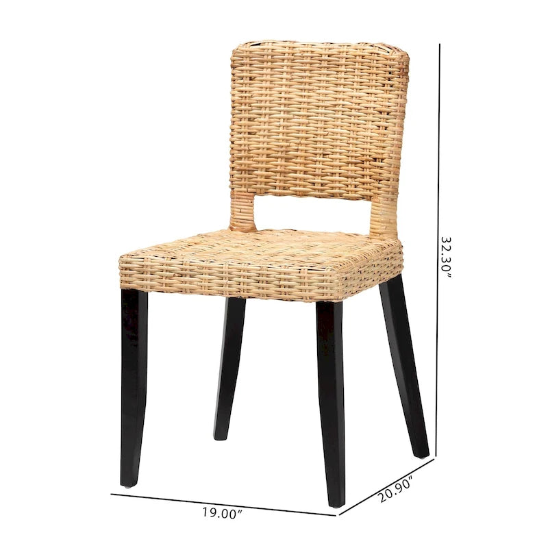 Bohemian Mango Wood and Natural Rattan Dining Chair, Set of 2, Dark Brown