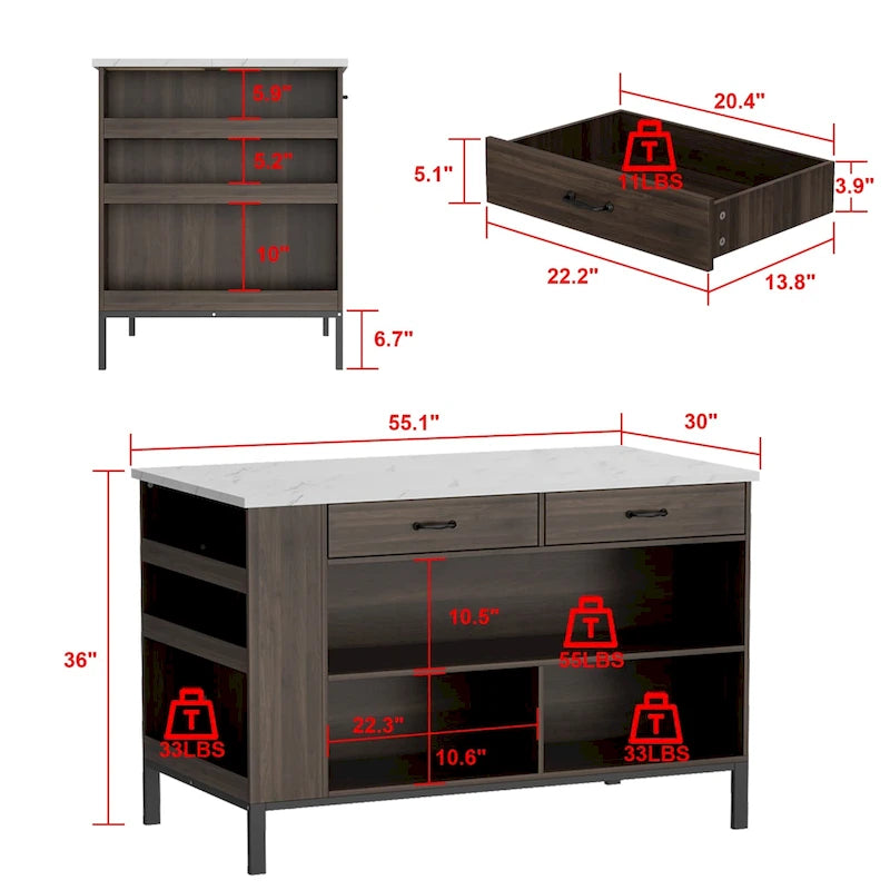 Brown Hardwood Kitchen Island with Storage Shelves, Drawers and Marble-Look Top