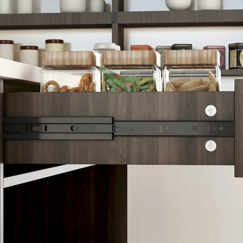 Brown Hardwood Kitchen Island with Storage Shelves, Drawers and Marble-Look Top