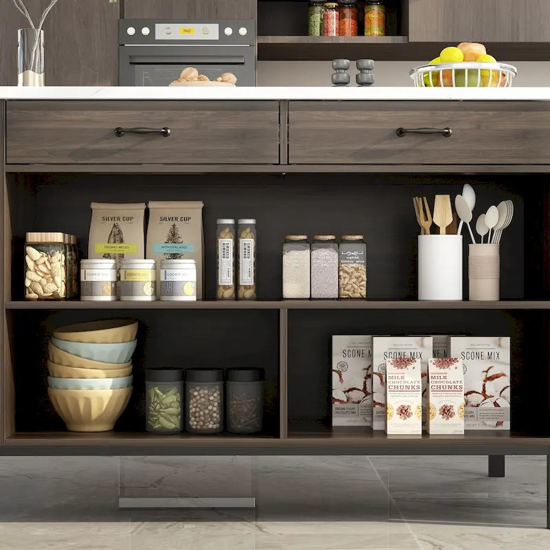 Isola da cucina in legno duro marrone con ripiani contenitore, cassetti e piano effetto marmo