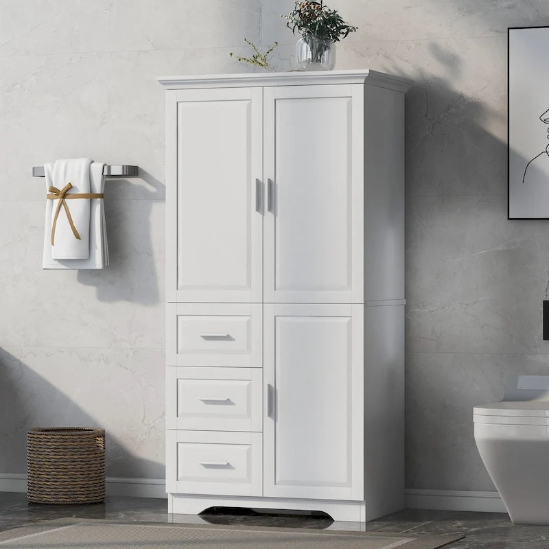 Tall Freestanding Storage Cabinet with Double Doors, Three Drawers and Adjustable Shelf, White and Grey