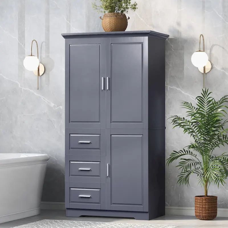 Tall Freestanding Storage Cabinet with Double Doors, Three Drawers and Adjustable Shelf, White and Grey