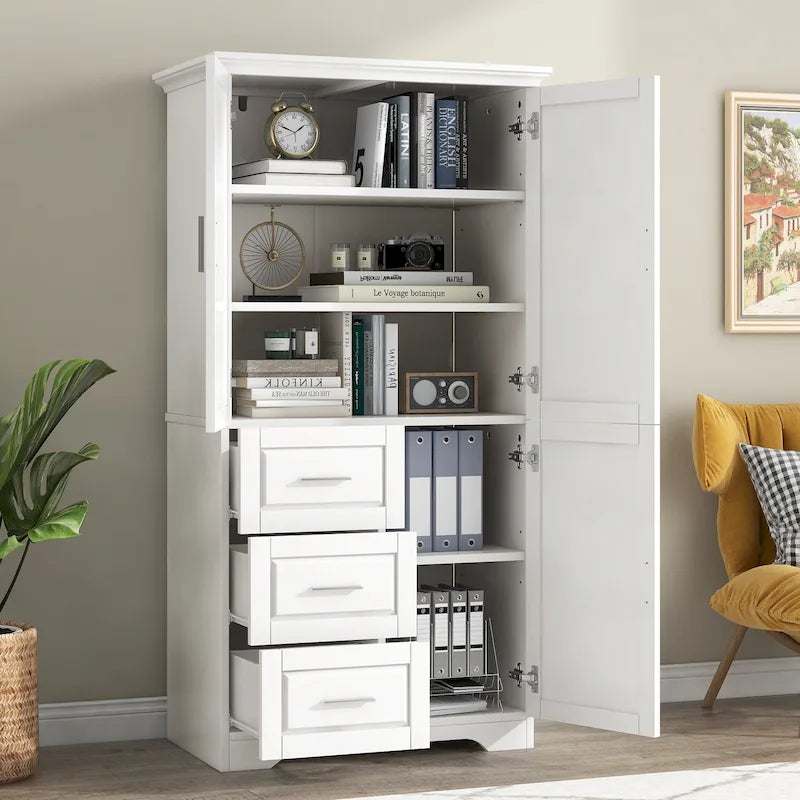Tall Freestanding Storage Cabinet with Double Doors, Three Drawers and Adjustable Shelf, White and Grey