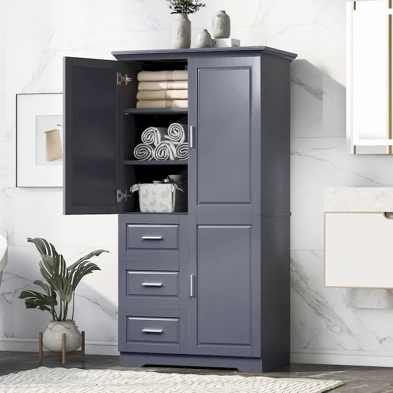 Tall Freestanding Storage Cabinet with Double Doors, Three Drawers and Adjustable Shelf, White and Grey