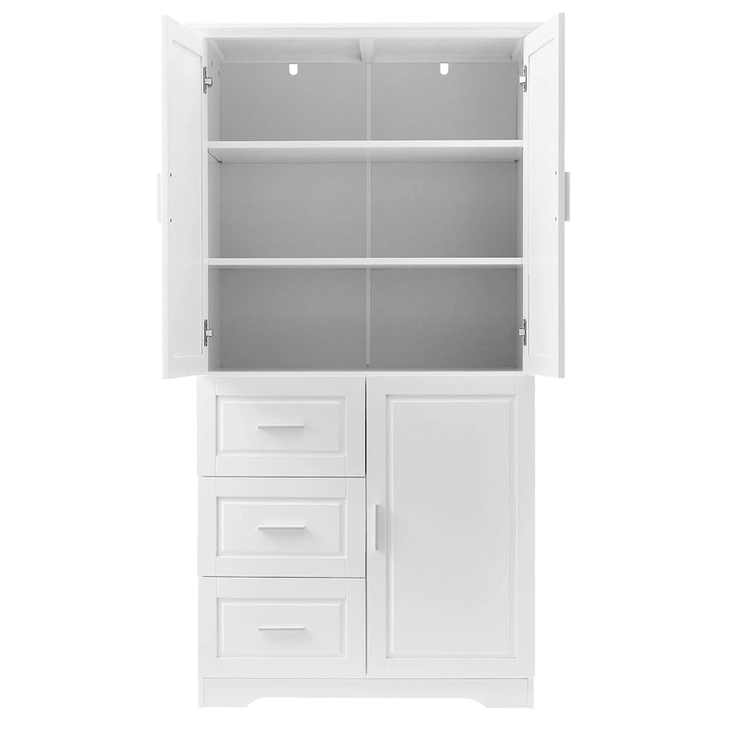 Tall Freestanding Storage Cabinet with Double Doors, Three Drawers and Adjustable Shelf, White and Grey
