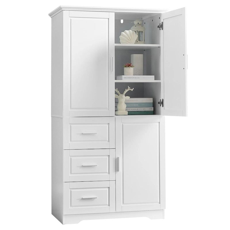 Tall Freestanding Storage Cabinet with Double Doors, Three Drawers and Adjustable Shelf, White and Grey