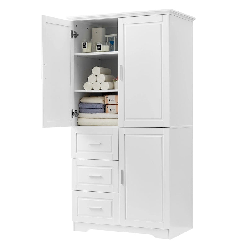Tall Freestanding Storage Cabinet with Double Doors, Three Drawers and Adjustable Shelf, White and Grey