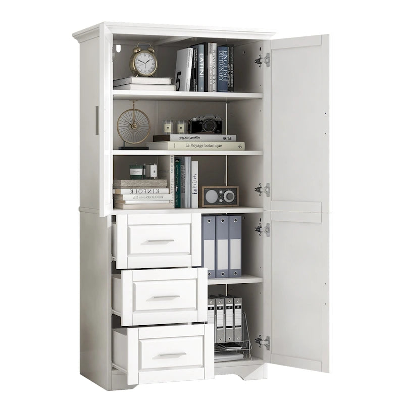 Tall Freestanding Storage Cabinet with Double Doors, Three Drawers and Adjustable Shelf, White and Grey
