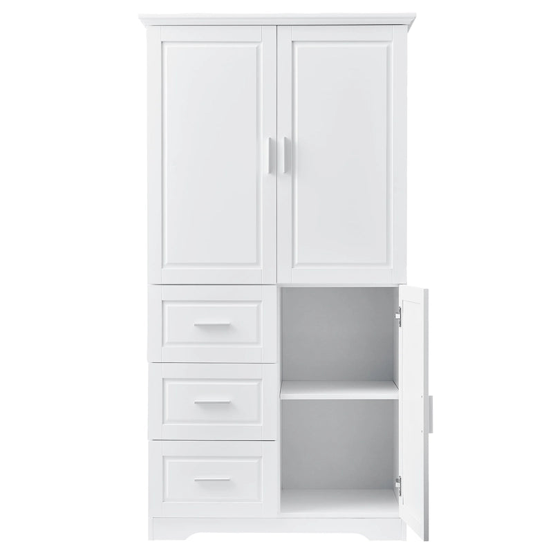 Tall Freestanding Storage Cabinet with Double Doors, Three Drawers and Adjustable Shelf, White and Grey