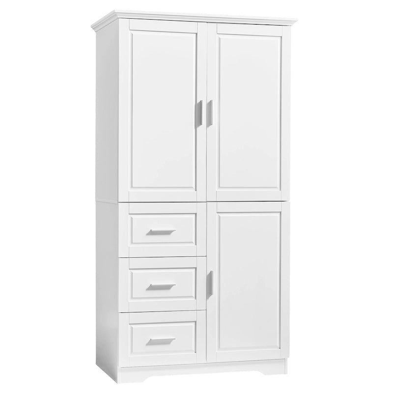 Tall Freestanding Storage Cabinet with Double Doors, Three Drawers and Adjustable Shelf, White and Grey