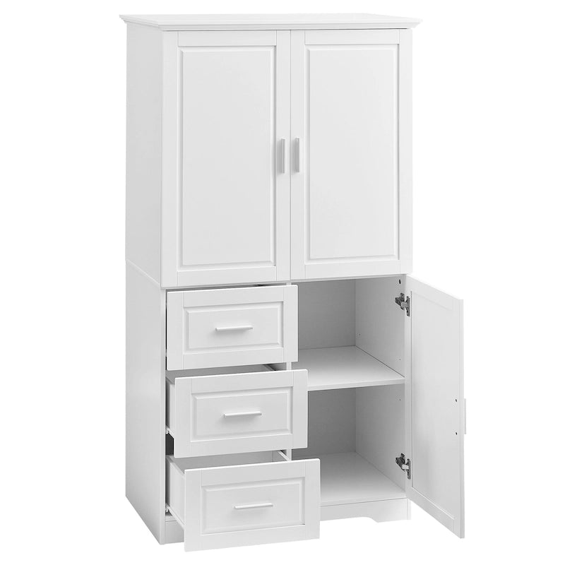 Tall Freestanding Storage Cabinet with Double Doors, Three Drawers and Adjustable Shelf, White and Grey