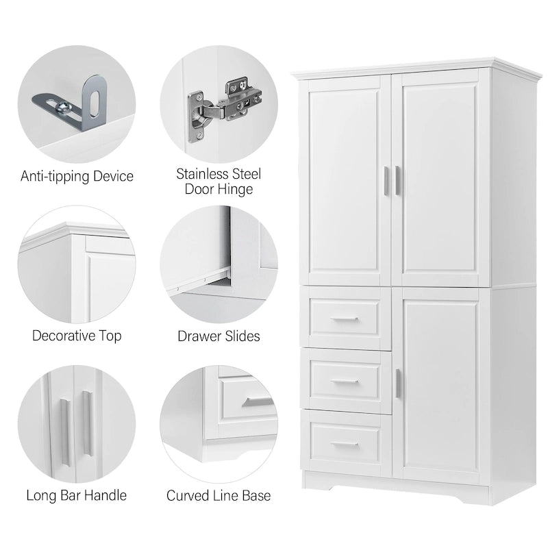 Tall Freestanding Storage Cabinet with Double Doors, Three Drawers and Adjustable Shelf, White and Grey