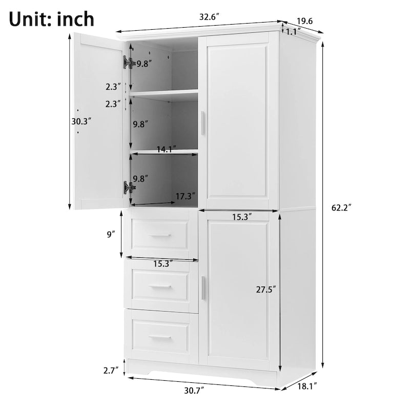 Tall Freestanding Storage Cabinet with Double Doors, Three Drawers and Adjustable Shelf, White and Grey
