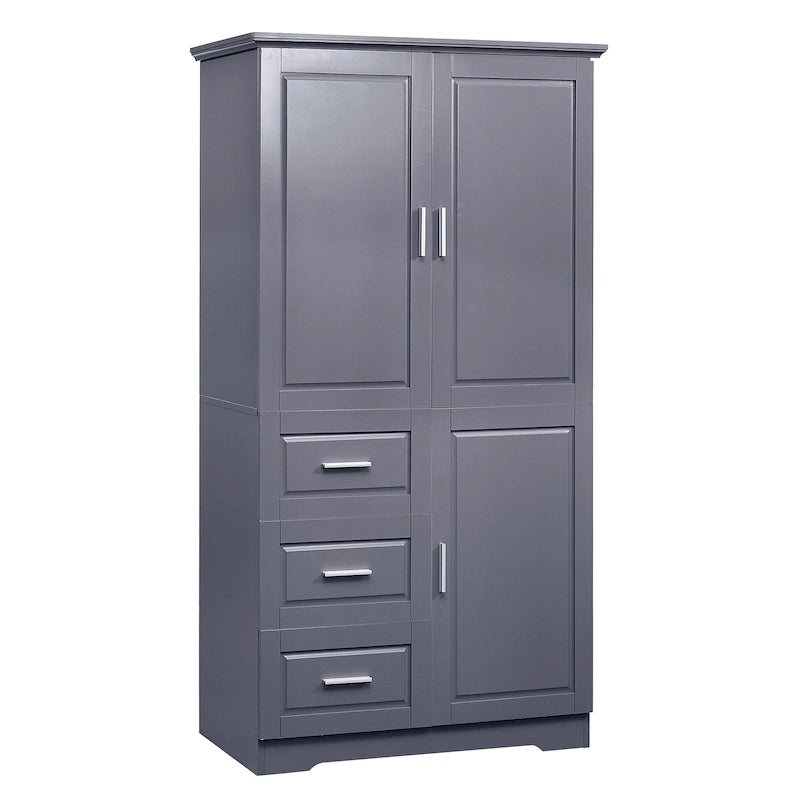 Tall Freestanding Storage Cabinet with Double Doors, Three Drawers and Adjustable Shelf, White and Grey