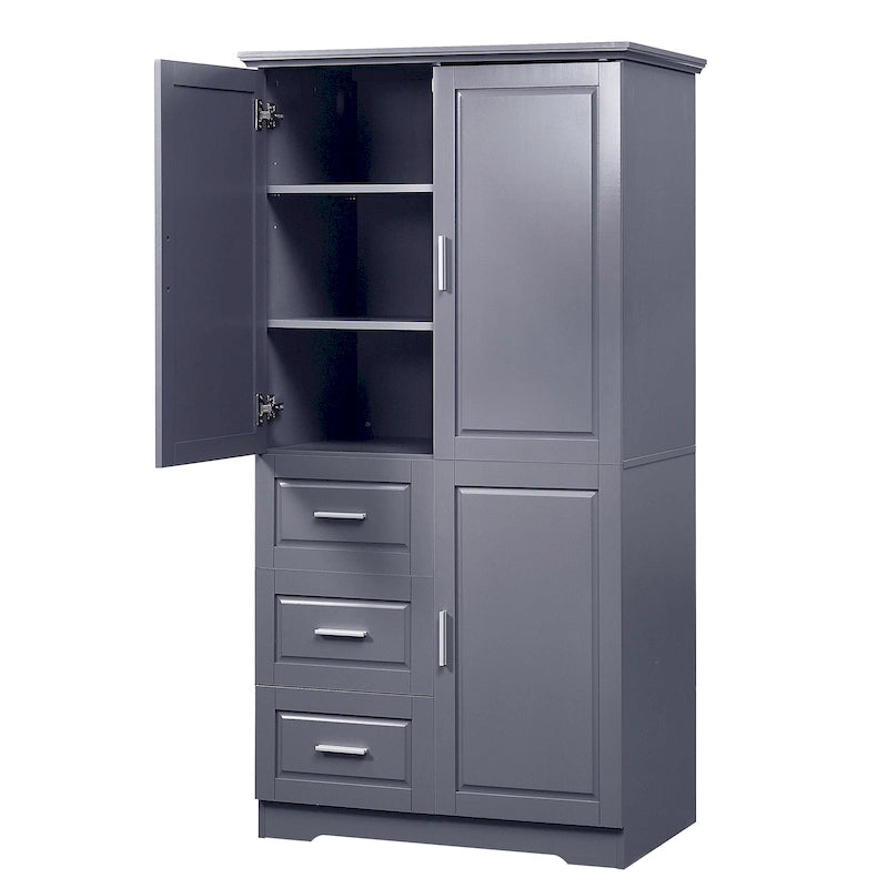 Tall Freestanding Storage Cabinet with Double Doors, Three Drawers and Adjustable Shelf, White and Grey
