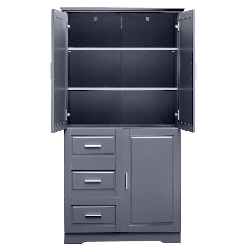 Tall Freestanding Storage Cabinet with Double Doors, Three Drawers and Adjustable Shelf, White and Grey