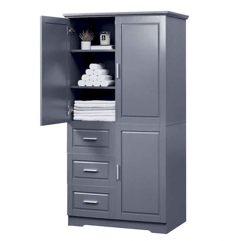Tall Freestanding Storage Cabinet with Double Doors, Three Drawers and Adjustable Shelf, White and Grey