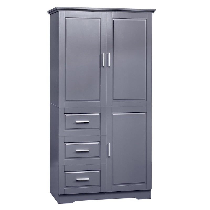 Tall Freestanding Storage Cabinet with Double Doors, Three Drawers and Adjustable Shelf, White and Grey