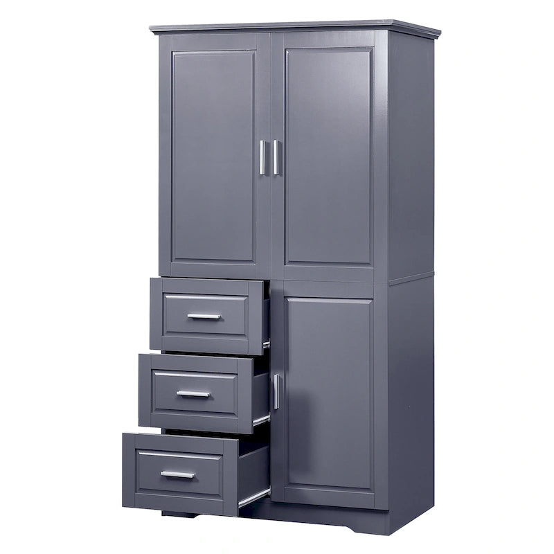 Tall Freestanding Storage Cabinet with Double Doors, Three Drawers and Adjustable Shelf, White and Grey