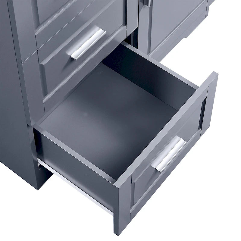 Tall Freestanding Storage Cabinet with Double Doors, Three Drawers and Adjustable Shelf, White and Grey