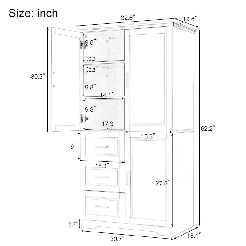 Tall Freestanding Storage Cabinet with Double Doors, Three Drawers and Adjustable Shelf, White and Grey