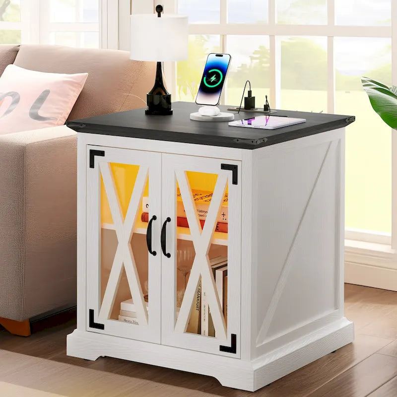 Farmhouse End Table with Charging Station, LED Light and X-Door Cabinet, Multi-Color
