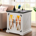 Farmhouse End Table with Charging Station, LED Light and X-Door Cabinet, Multi-Color