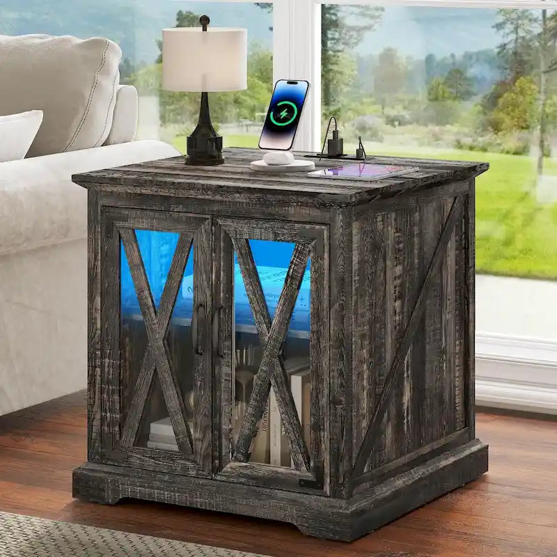 Farmhouse End Table with Charging Station, LED Light and X-Door Cabinet, Multi-Color