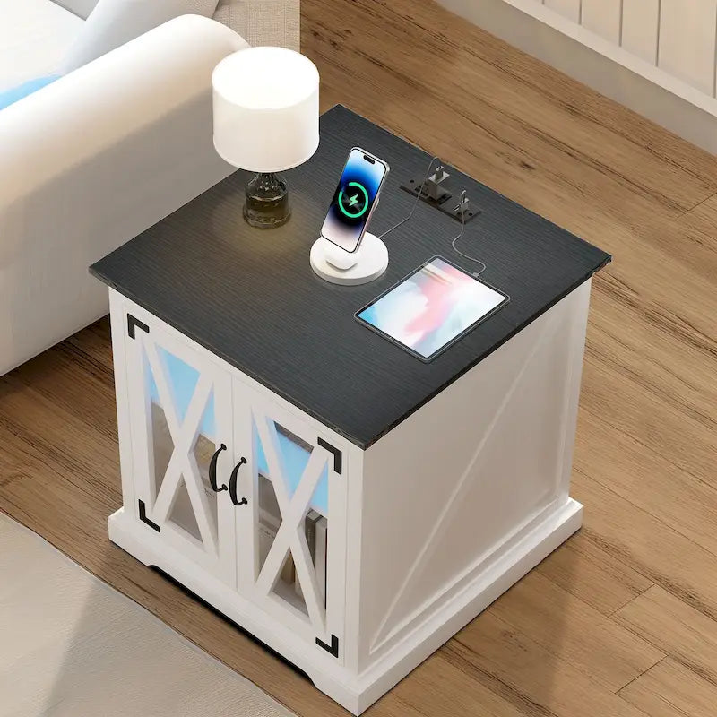 Farmhouse End Table with Charging Station, LED Light and X-Door Cabinet, Multi-Color