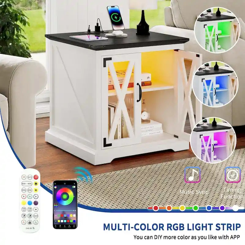 Farmhouse End Table with Charging Station, LED Light and X-Door Cabinet, Multi-Color