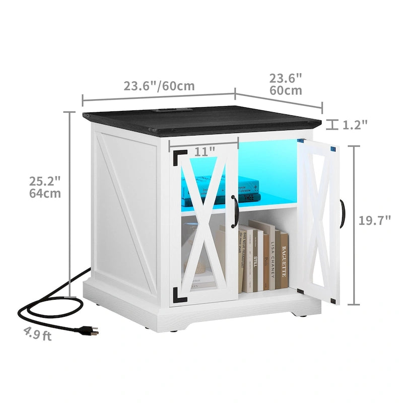 Farmhouse End Table with Charging Station, LED Light and X-Door Cabinet, Multi-Color