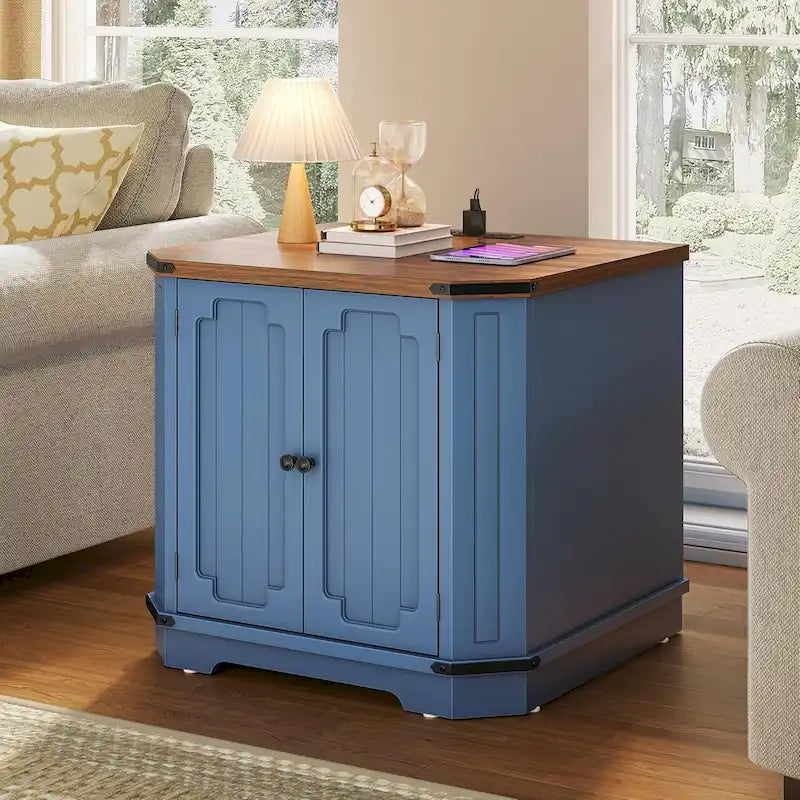 Farmhouse End Table with Charging Station, LED Light and X-Door Cabinet, Multi-Color