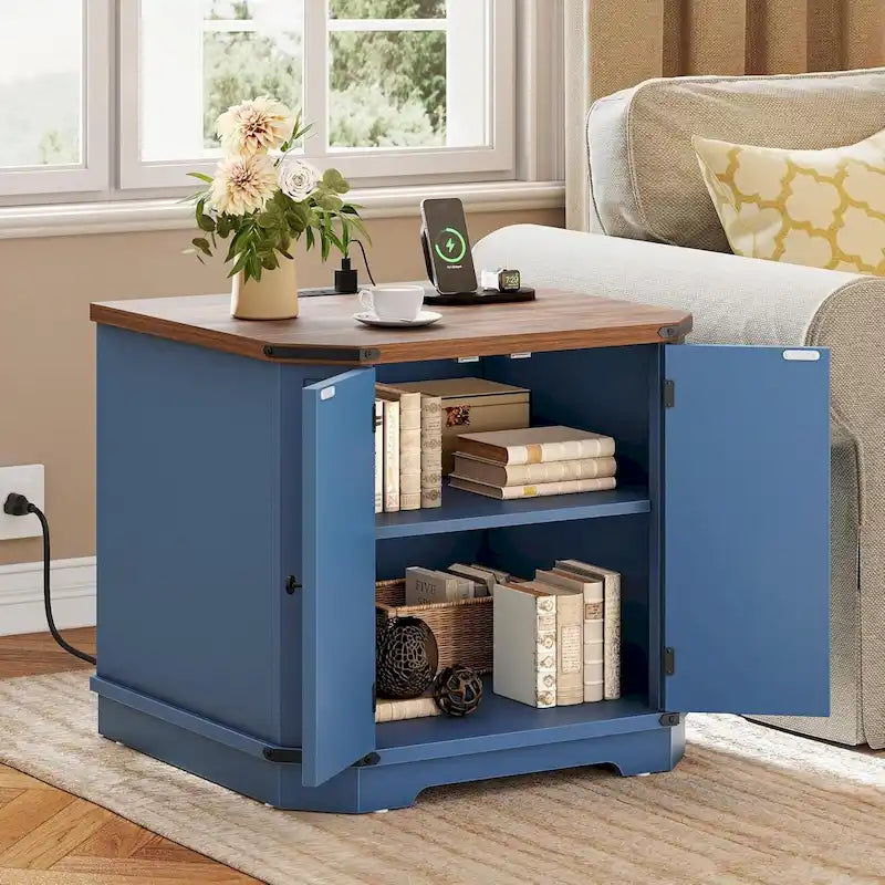 Farmhouse End Table with Charging Station, LED Light and X-Door Cabinet, Multi-Color