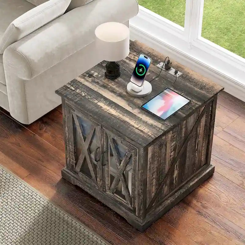 Farmhouse End Table with Charging Station, LED Light and X-Door Cabinet, Multi-Color