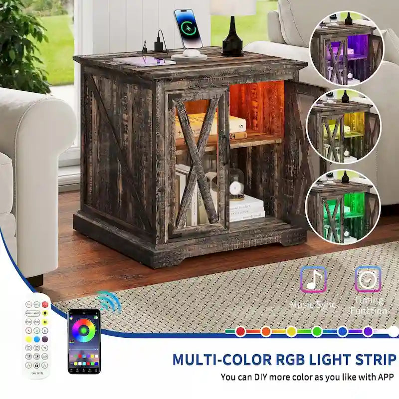 Farmhouse End Table with Charging Station, LED Light and X-Door Cabinet, Multi-Color