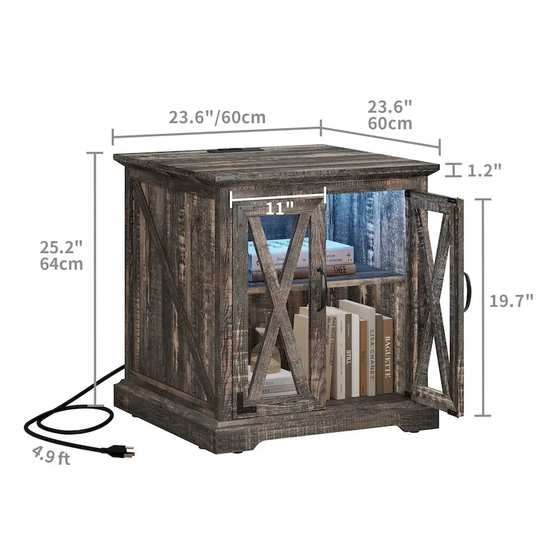 Farmhouse End Table with Charging Station, LED Light and X-Door Cabinet, Multi-Color