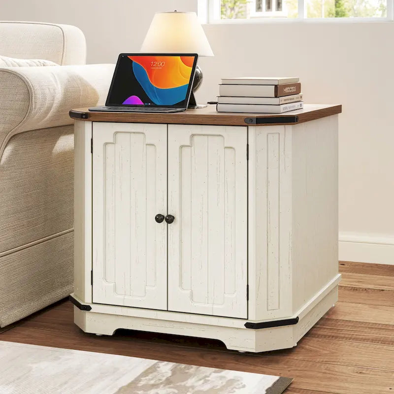 Farmhouse End Table with Charging Station, LED Light and X-Door Cabinet, Multi-Color