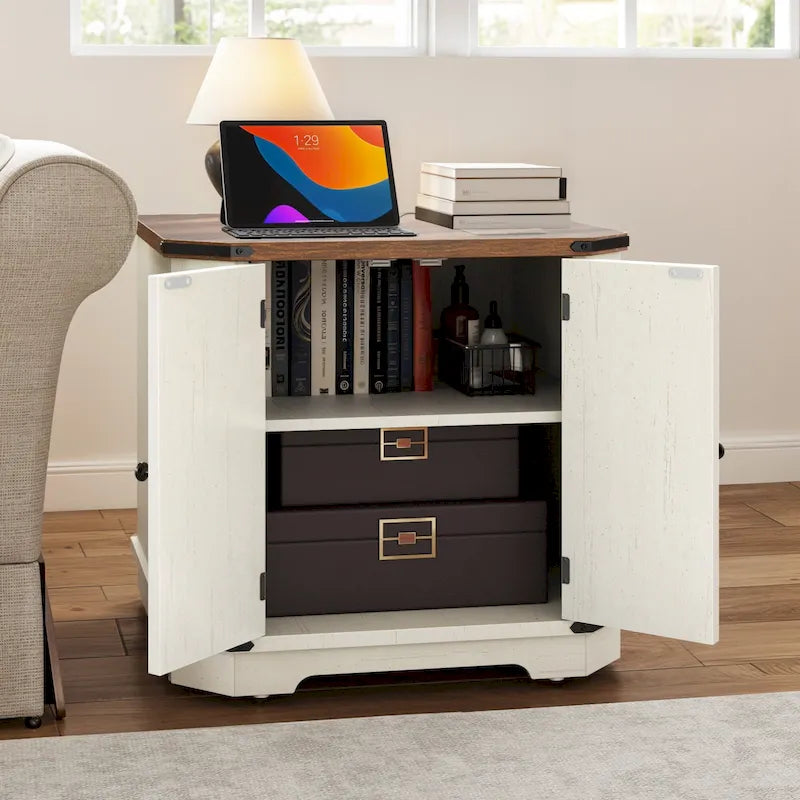 Farmhouse End Table with Charging Station, LED Light and X-Door Cabinet, Multi-Color
