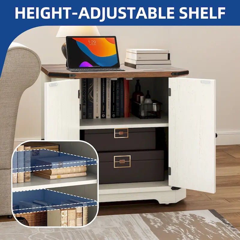 Farmhouse End Table with Charging Station, LED Light and X-Door Cabinet, Multi-Color