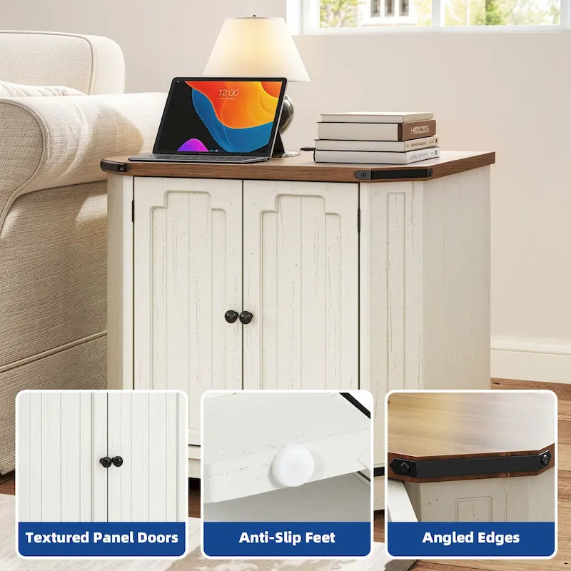 Farmhouse End Table with Charging Station, LED Light and X-Door Cabinet, Multi-Color