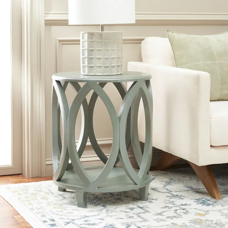 Round Accent Side Table with Geometric Oval Cutout Base, Poplar Wood, Multi-Color