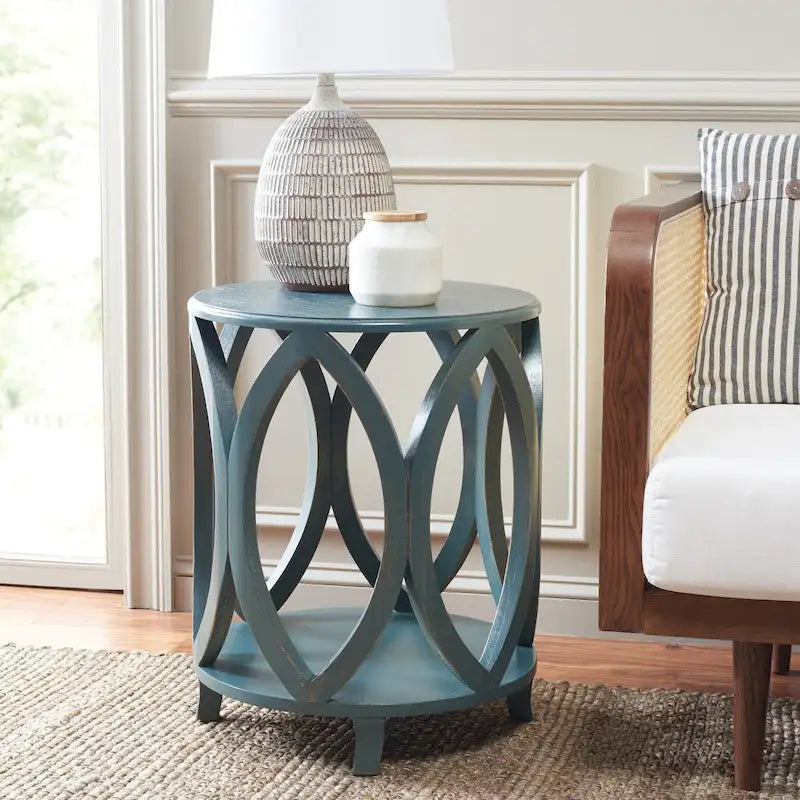 Round Accent Side Table with Geometric Oval Cutout Base, Poplar Wood, Multi-Color
