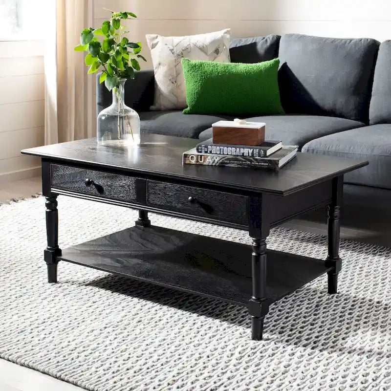 Farmhouse Pine Wood Coffee Table with 2 Drawers and Lower Shelf, Multi-Color